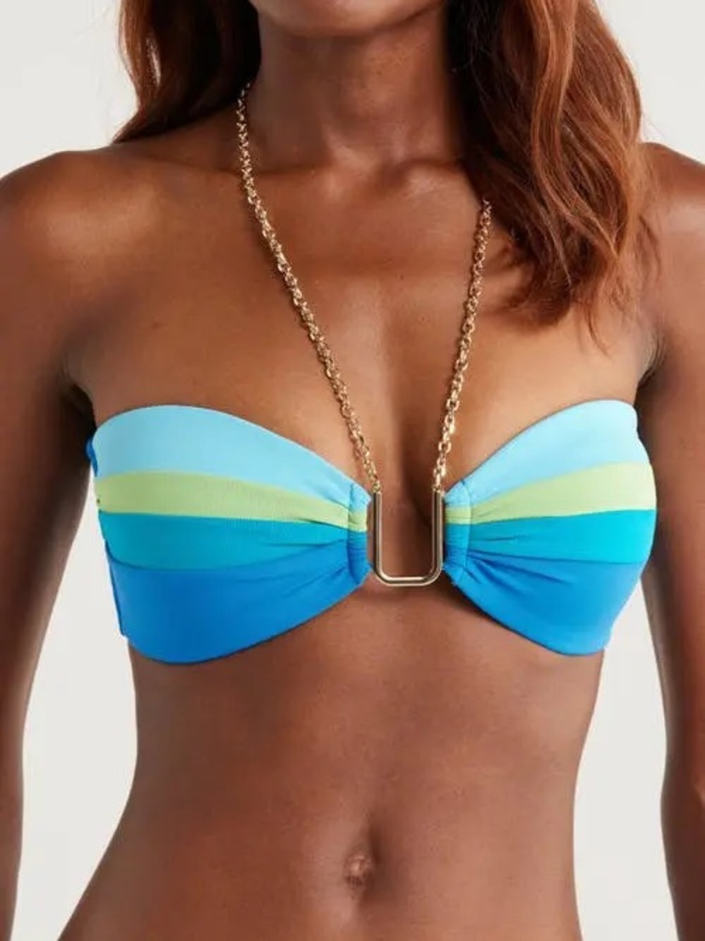 Robin Piccone Blue Aqua Bandeau Bikini Top Gold Chain Trim NWOT Sz M
